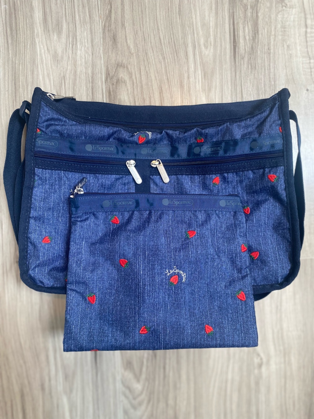 Lesportsac Deluxe Everyday Crossbody Shoulder Bag with Red Strawberry Embroidery